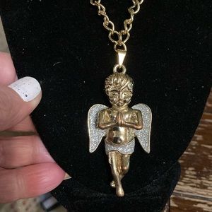 Vintage gold tone child Angel with diamond dust  wings